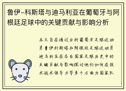 鲁伊-科斯塔与迪马利亚在葡萄牙与阿根廷足球中的关键贡献与影响分析